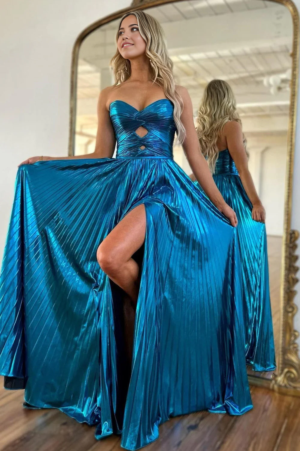 A-Line Sweetheart Sweep Train Peacock Blue formal dresses evening dress Prom Dresses With Slit